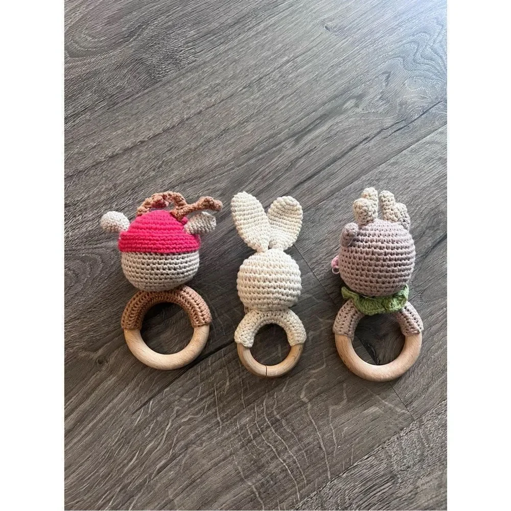 Wooden Baby Rattle, Handcrafted Crochet Bunny Rattles with Wooden Teething Ring